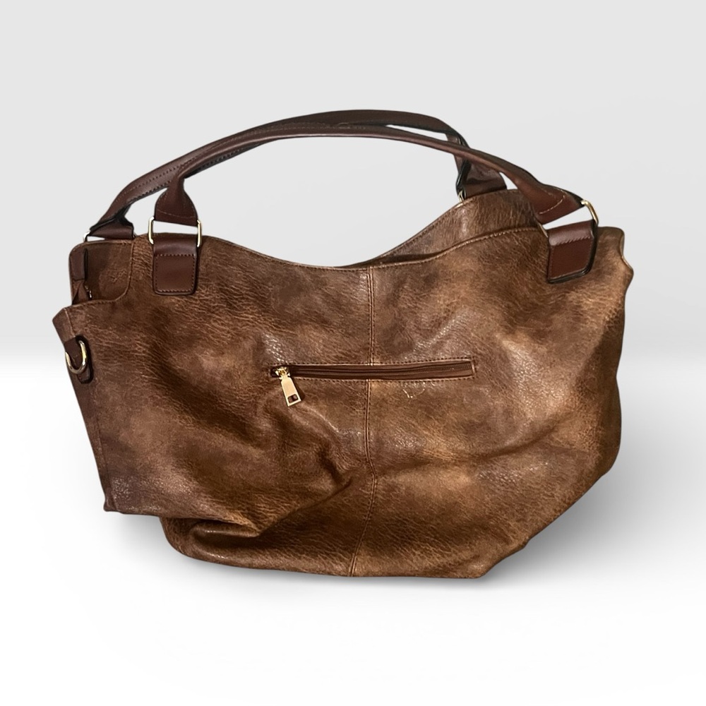 Large Brown Faux Leather Handbag 9X13 Multi-Compartment Tote Zippers - Picture 3 of 6